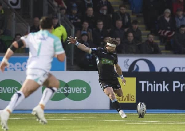 Man of the match Peter Horne converts one of Glasgows four tries on a satisfying night for the No 10. Picture: SNS