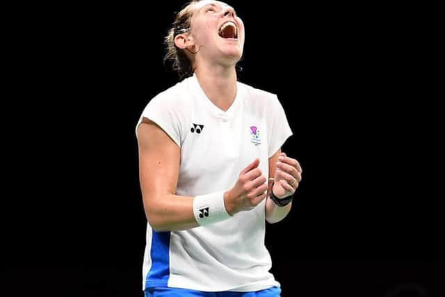 Kirsty Gilmour of Scotland celebrates victory in the Women's Singles Bronze Medal match. Picture: Bradley Kanaris/Getty Images