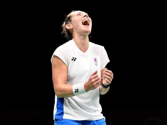 Kirsty Gilmour of Scotland celebrates victory in the Women's Singles Bronze Medal match. Picture: Bradley Kanaris/Getty Images