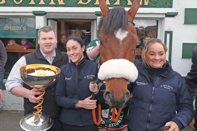 Gordon Elliot and National winner Tiger Roll outside Shaws Pub in Summerhill, County Meath. Picture: PA