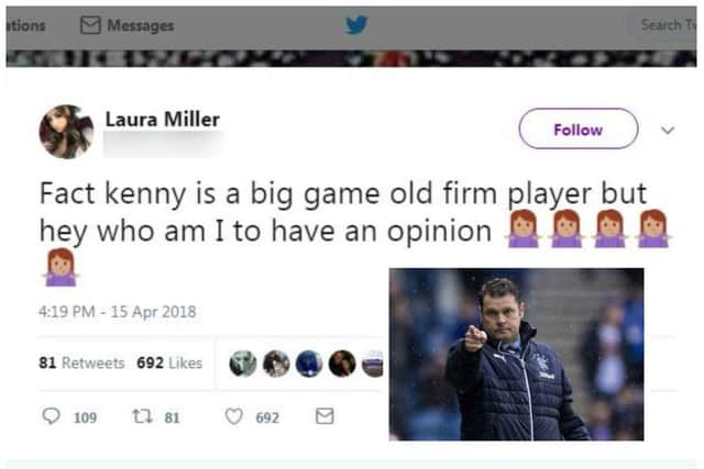 Laura Miller's tweets appeared to be a thinly-veiled dig at Rangers manager Graeme Murty, inset. Picture: Twitter/SNS Group