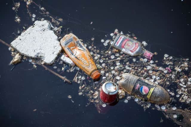 Plastic bottles and other rubbish floating in Leith Docks