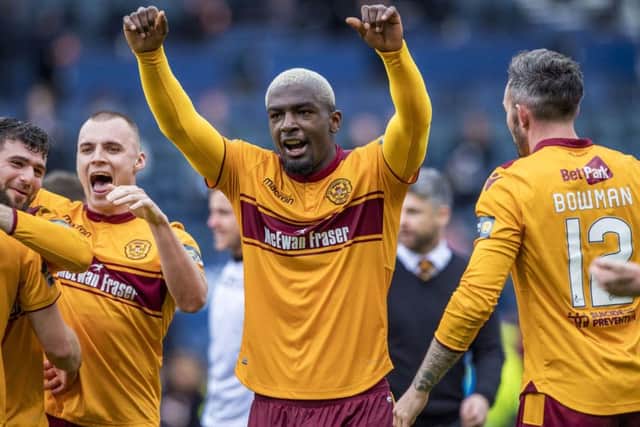 Motherwell's Cedric Kipre celebrates the Scottish Cup semi-final win over Aberdeen. Picture: Bill Murray/SNS