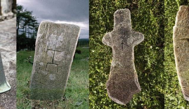 The early medieval handbell and cross marked slabs found on the island. PIC: Historic Environment Scotland.