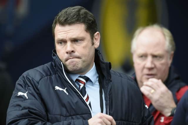 Rangers manager Graeme Murty and his assistant Jimmy Nicholl (right) cut a dejected look at Hampden. Pic: Ian Rutherford/PA Wire.