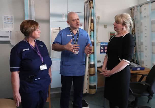 Health secretary Shona Robison chats with head of nursing Brendan Forman and senior charge nurse Diane Gardiner while visiting Perth Royal Infirmary