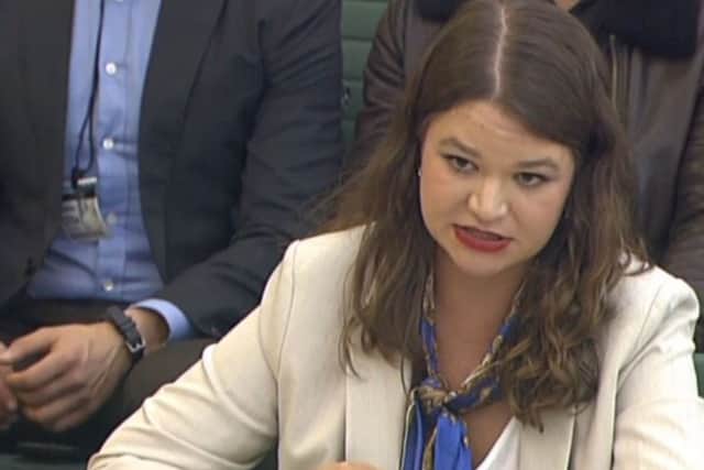 Brittany Kaiser, former Director of Program Development, Cambridge Analytica, giving evidence in front of the Digital, Culture, Media and Sport Select  Picture; PA