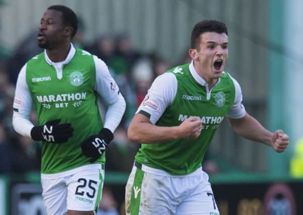 John McGinn celebrates Efe Ambrose's goal that put Hibs 2-1 ahead in the 2-2 draw at Easter Road in December.