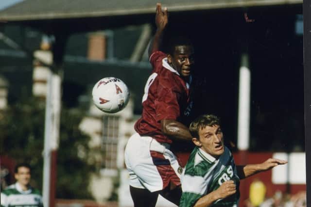 Justin Fashanu tussles with Celtic's Tony Mowbray in a game at Tynecastle in 1993. Picture: EN