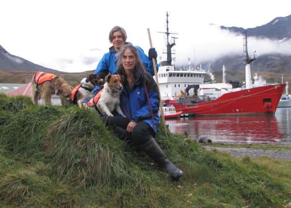 Dogs Ahu, Will and Wai with project personnel Miriam Ritchie and Jane Tansell (right) on South Georgia. Picture: SGHT