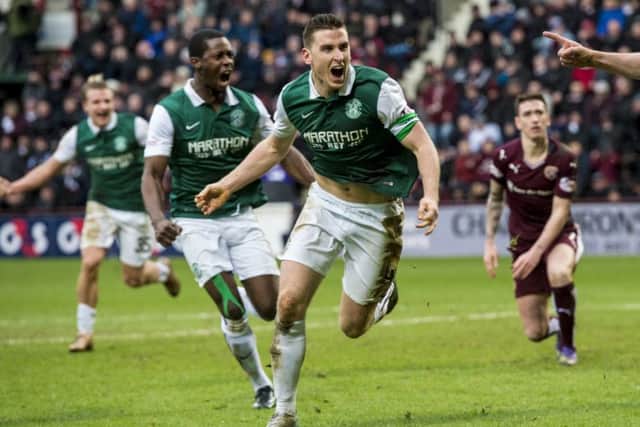 Paul Hanlon celebrates after scoring against Hearts in 2016. Picture: SNS