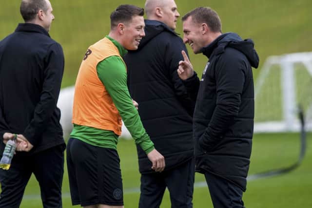 rendan Rodgers, making a point to Callum McGregor, says it has been a good week following Sundays victory over Rangers. Picture: SNS.