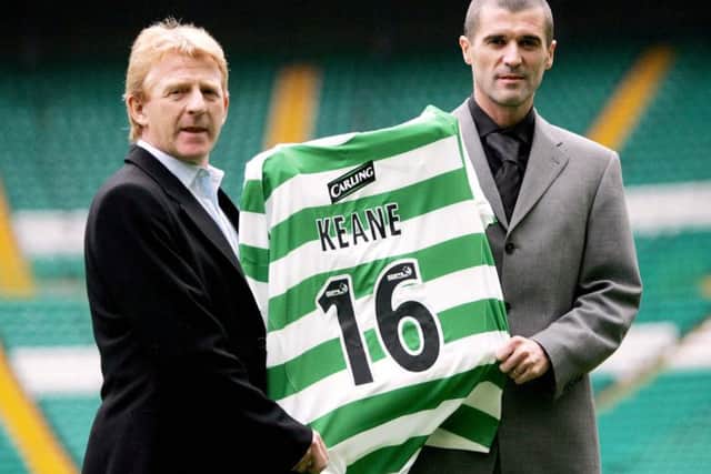 Roy Keane, right, with Gordon Strachan after agreeing to join Celtic. Picture: Getty