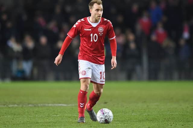 Christian Eriksen wearing the Hummel-made Danish national team kit. Picture: Getty images