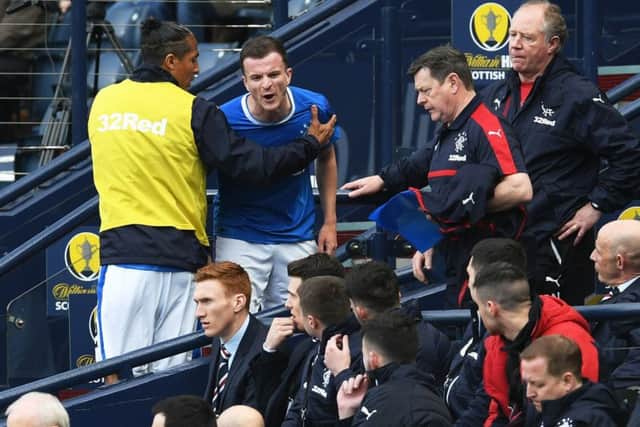 Rangers midfielder Andy Halliday, centre, shows his frustration after being substituted at Hampden. Picture: SNS