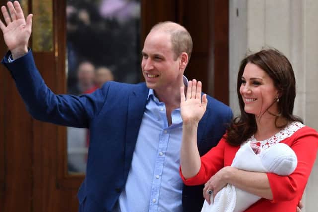 The Duke and Duchess of Cambridge and their new son greet the media outside hospital. Picture: AFP/Getty