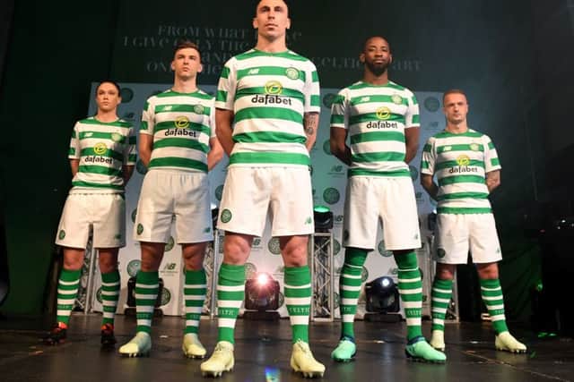 Celtic launch their new home kit for next season at St Luke's, in Glasgow.
Pictured (L-R): Kelly Clark, Kieran Tierney, Scott Brown, Moussa Dembele and Leigh Griffiths. Picture: Craig Williamson/SNS