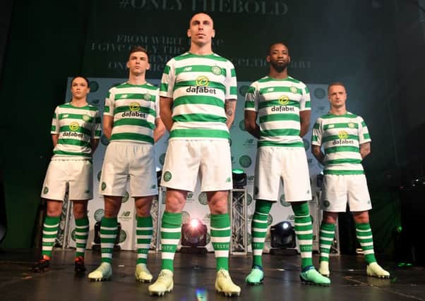 Celtic launch their new home kit for next season at St Luke's, in Glasgow. 

Pictured (L-R): Kelly Clark, Kieran Tierney, Scott Brown, Moussa Dembele and Leigh Griffiths. Picture: Craig Williamson/SNS