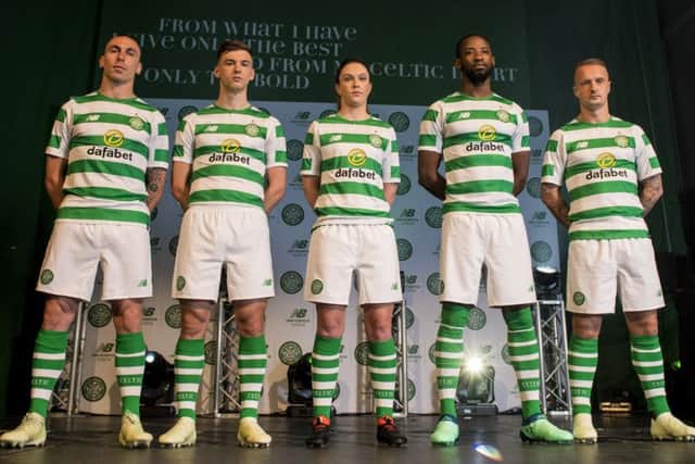 Scott Brown, Kieran Tierney, Kelly Clark, Moussa Dembele and Leigh Griffiths launch the new kit at St Luke's. Picture: SNS Group