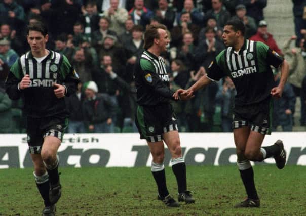Pierre van Hooijdonk celebrates scoring in a 2-1 win over Hibs at Easter Road in April 1996. Picture: SNS Group