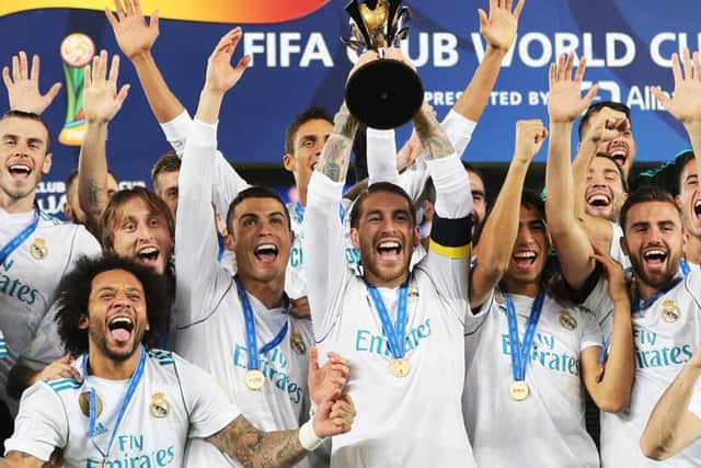 Real Madrid celebrate winning the 2017 Fifa Club World Cup after they defeated Brazilian club Gremio in the final in Abu Dhabi. Picture: Karim Sahib/AFP/Getty Images)