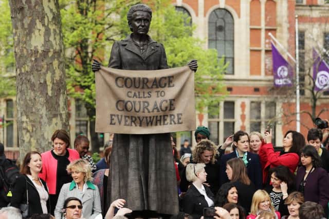 A statue in honour of the first female Suffragette Millicent Fawcett was unveiled in Parliament Square today. Picture: Getty Images
