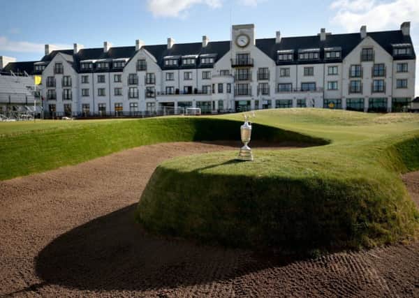 The Claret Jug in front of the Carnoustie clubhouse. Picture: Jane Barlow/PA Wire