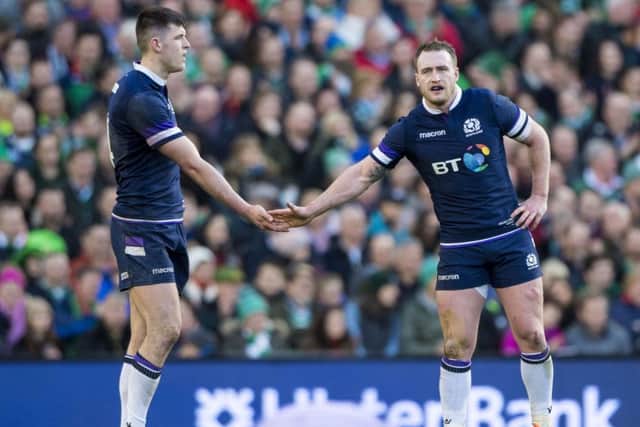 Scotland's Blair Kinghorn, left, with Stuart Hogg during the Six Nations match in Ireland. Picture: Bill Murray/SNS