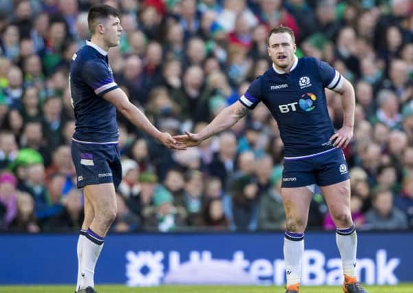Scotland's Blair Kinghorn, left, with Stuart Hogg during the Six Nations match in Ireland. Picture: Bill Murray/SNS