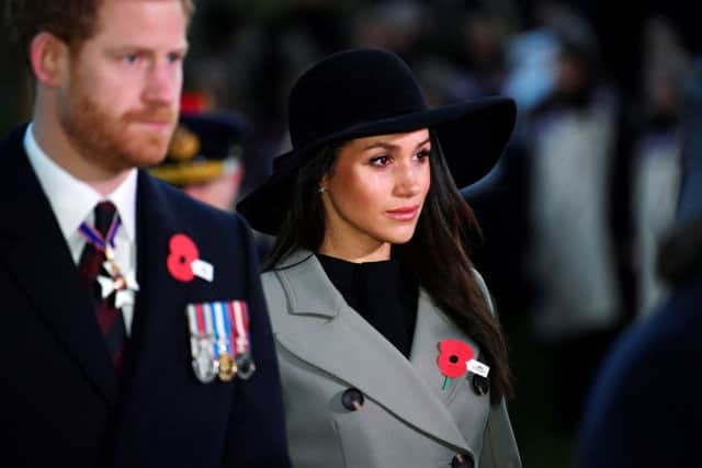 Prince Harry and Meghan Markle attend the Dawn Service at Wellington Arch to commemorate Anzac Day on April 25. Picture: Toby Melville - WPA Pool/Getty Images
