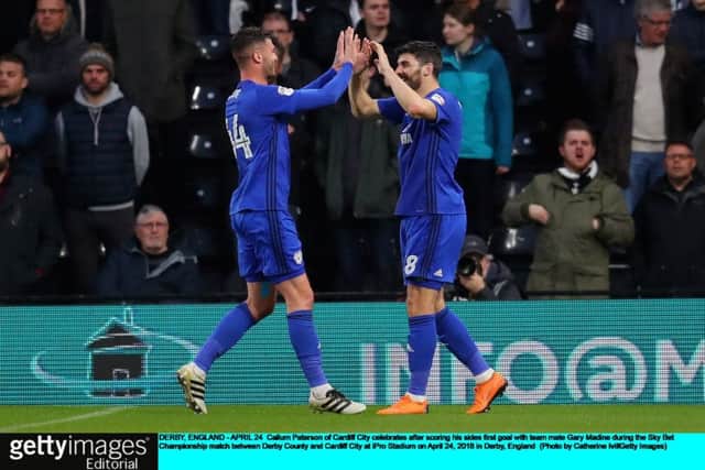 Callum Paterson, right, celebrates his goal against Derby County on Tuesday, which took his tally for the season to ten. Picture: Getty.