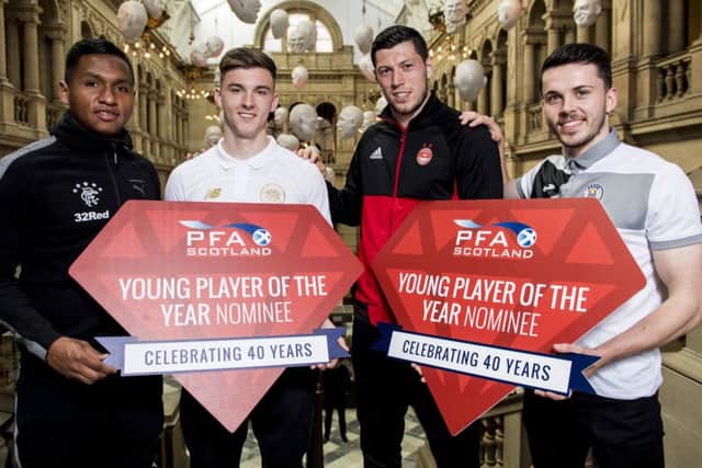 From left to right, PFA Scotland announce Alfredo Morelos, Kieran Tierney, Scott McKenna and Lewis Morgan as nominees for the Young Player of the Year award.