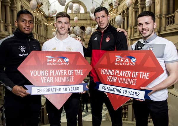 From left to right, PFA Scotland announce Alfredo Morelos, Kieran Tierney, Scott McKenna and Lewis Morgan as nominees for the Young Player of the Year award.