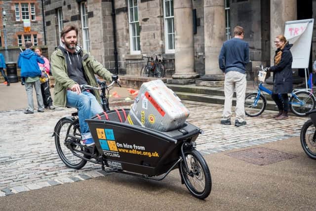 The Urban Arrow cargo bike which Mark Beaumont is due to ride tomorrow. Picture: Andy Catlin/Edinburgh Festival of Cycling