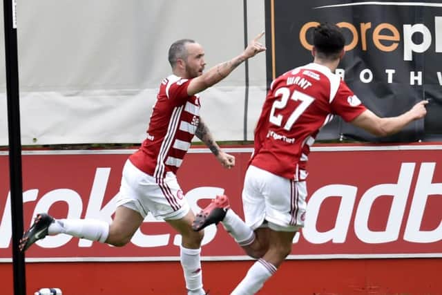 Hamilton's Dougie Imrie celebrates his goal with team mates. Picture: SNS/Rob Casey