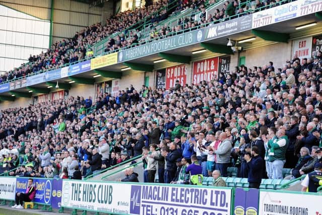 The supporter took ill during the first half of today's game at Easter Road. Picture: Michael Gillen