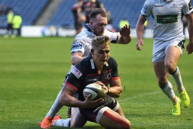 Edinburgh's Duhan Van Der Merwe scores a try. Photograph: SNS Group / SRU Gary Hutchison