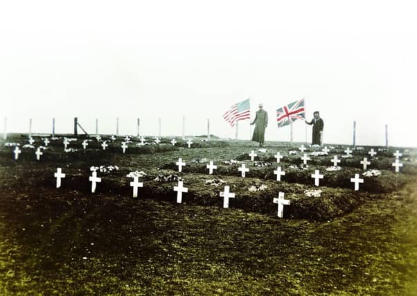 The American flag stitched on Islay flying at the funerals of servicemen killed in the torpedo attack on the SS Tuscania. the flag will return to the island to mark the 100th anniversary of the tragedy. PIC: US National Archives.
