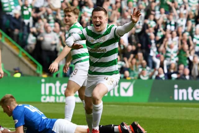 Callum McGregor celebrates scoring Celtic's fifth in their title-clinching rout over Rangers. Picture: SNS
