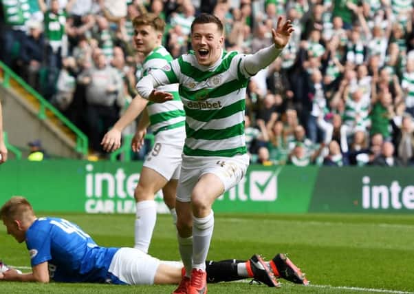 Callum McGregor celebrates scoring Celtic's fifth in their title-clinching rout over Rangers. Picture: SNS