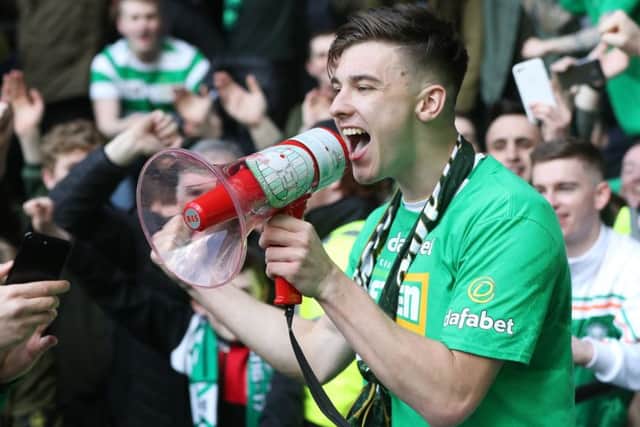 Kieran Tierney celebrates after Celtic secure the Ladbrokes Premiership title. Picture: Getty