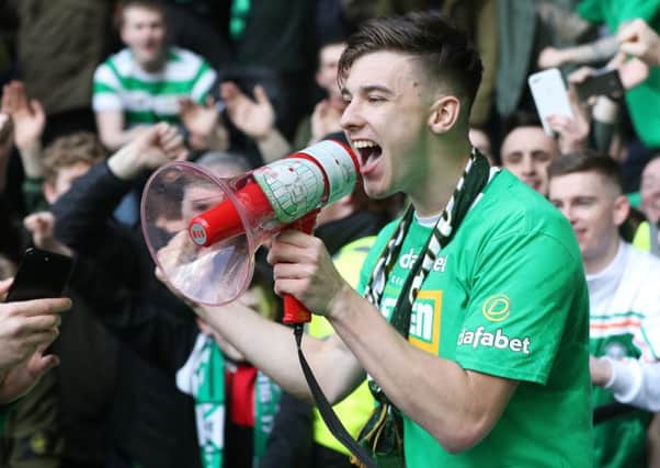 Kieran Tierney celebrates after Celtic secure the Ladbrokes Premiership title. Picture: Getty