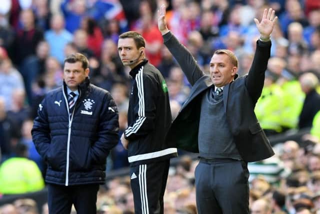 Celitc manager Brendan Rodgers appeals as Rangers boss Graeme Murty looks on. Picture: SNS