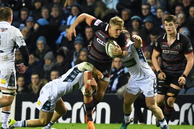 Edinburghs Duhan van der Merwe looks to blast his way through the Glasgow defence. Picture: SNS/SRU.
