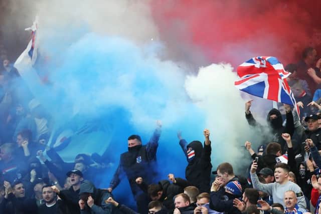 Rangers fans pictured at the 5-0 loss to Celtic. Picture: Getty images