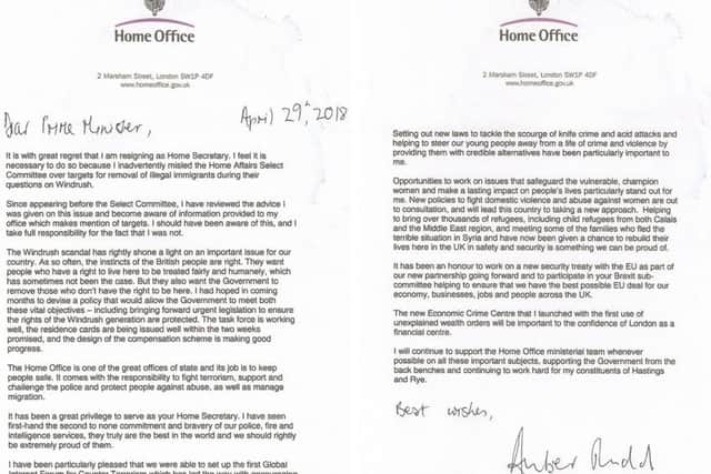 The resignation letter addressed to Prime Minister Theresa May from Amber Rudd who resigned as Home Secretary. Picture: PA Wire