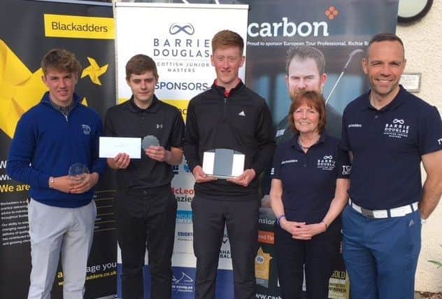 U18 championship. From left: Runner-up Jack Broun (Ayr Belleisle), third placed Taylor Kerr (Sanquhar), winner Greg Dalziel (Airdrie), Tish Douglas and Spencer Henderson (Scottish national boys coach).