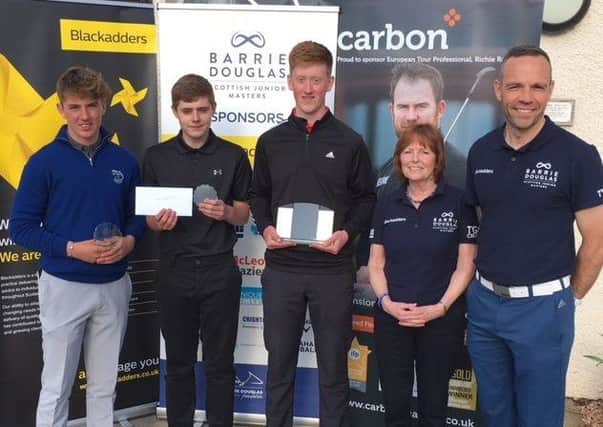 U18 championship. From left: Runner-up Jack Broun (Ayr Belleisle), third placed Taylor Kerr (Sanquhar), winner Greg Dalziel (Airdrie), Tish Douglas and Spencer Henderson (Scottish national boys coach).