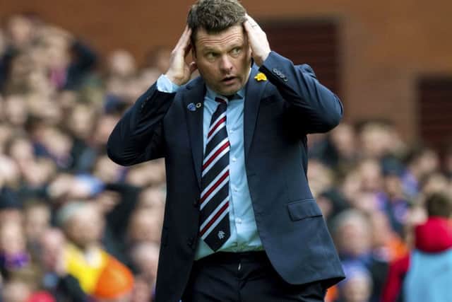 Graeme Murty reacts on the touchline as his side goes down 3-2 to ten-man Celtic at Ibrox. Picture: SNS Group