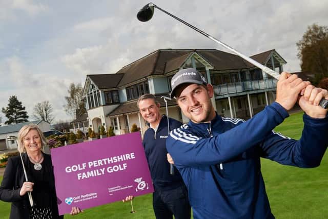 VisitScotlands Liz Shorthouse, Allan Minto of Golf Perthshire and Bradley Neil at the launch of the new initiative at Crieff Golf Club. Picture: Fraser Band
